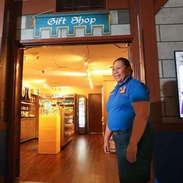 Model Citizen Greets Guests Outside the Castle Hotel Gift Shop